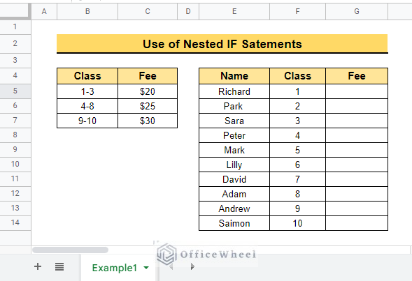 Calculate Student Fees using nested if statements in google sheets