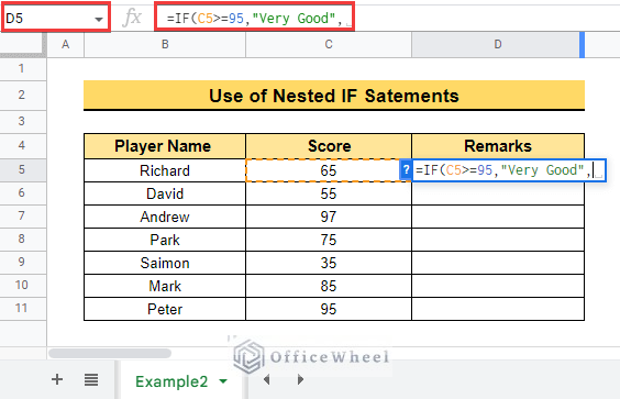 Using nested if statements in google sheet