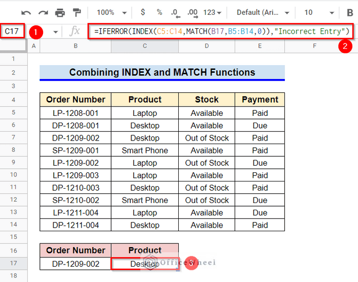 How to Combine INDEX and MATCH Functions in Google Sheets if cell contains text then return value in another cell
