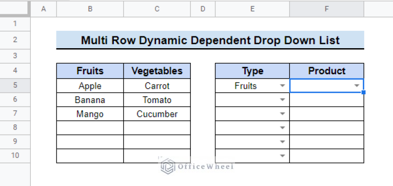Multi Row Dynamic Dependent Drop Down List in Google Sheets