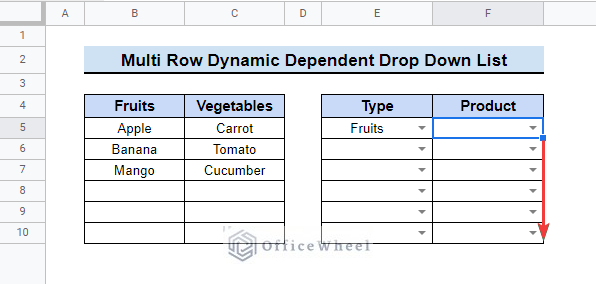 Multi Row Dynamic Dependent Drop Down List in Google Sheets