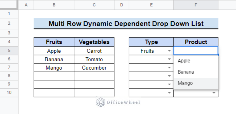 Multi Row Dynamic Dependent Drop Down List in Google Sheets