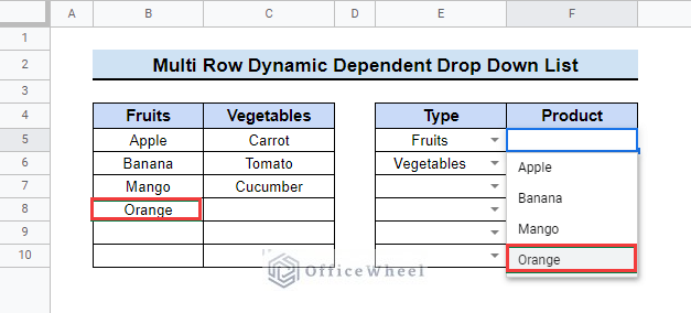 multi row dynamic dependent drop down list in google sheets