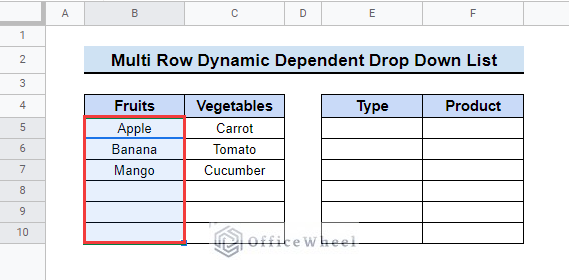 Create Named Ranges to create multi row dynamic dependent drop down list in google sheets