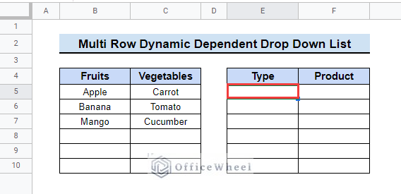 Apply Data Validation to create multi row dynamic dependent drop down list in google sheets