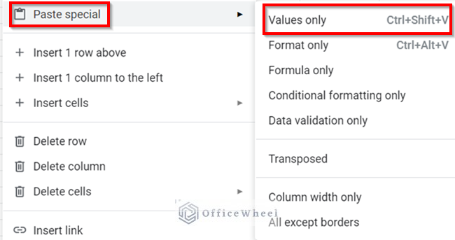 paste as values in google sheets