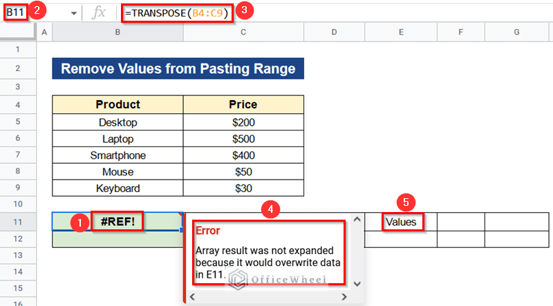 Remove Values from Pasting Range When Paste Transpose Is Not Working in Google Sheets