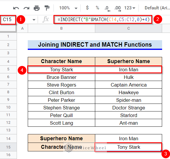 How to Join INDIRECT and MATCH Functions to Reverse VLOOKUP in Google Sheets