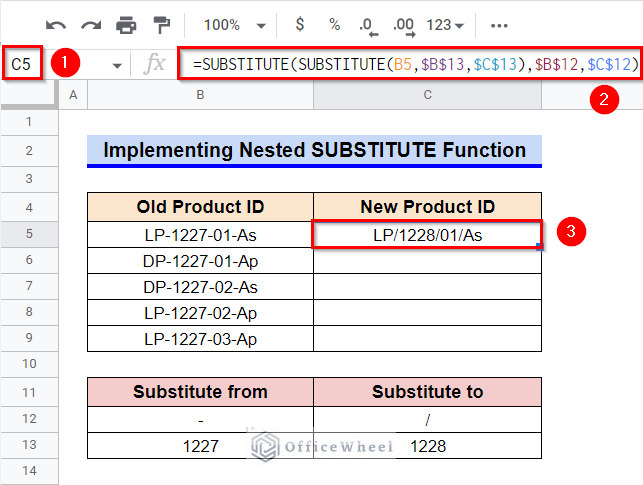 Implementing Nested SUBSTITUTE Function to Make Multiple Changes in Google Sheets