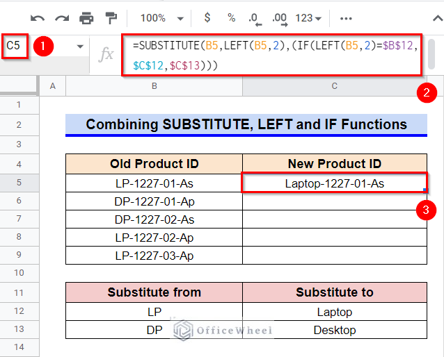 Combining SUBSTITUTE, LEFT, and IF Functions to Change Multiple Characters from Left in Google Sheets