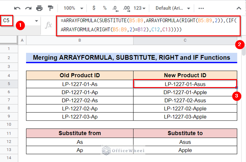 Merging ARRAYFORMULA, SUBSTITUTE, RIGHT, and IF Functions to Change Multiple Characters from Right in Google Sheets