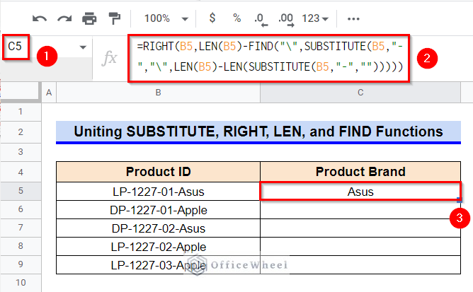 Uniting SUBSTITUTE, RIGHT, LEN, and FIND Function to Retrieve Specific String in Google Sheets