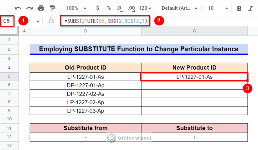Applying SUBSTITUTE Function to Change Particular Instance in Google Sheets