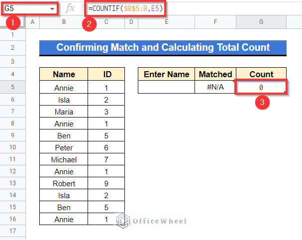Confirming Match and Calculating Total Count By VLOOKUP with COUNTIF in Google Sheets