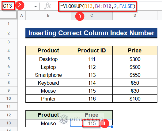 Inserting Correct Column Index Number When VLOOKUP Function Is Not Working in Google Sheets