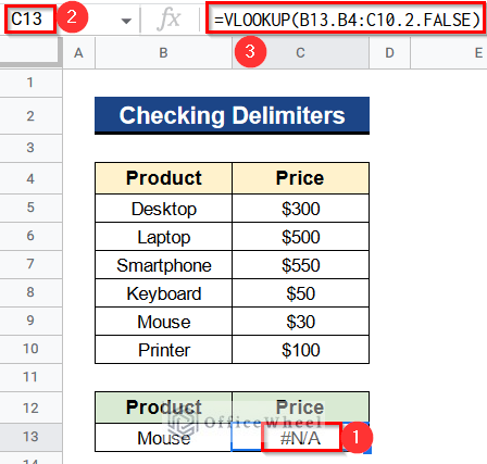 Checking Delimiters When VLOOKUP Function Is Not Working in Google Sheets