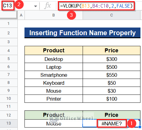Inserting Function Name Properly When VLOOKUP Function Is Not Working in Google Sheets