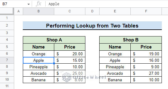 dataset for performing vlookup with if statement from two tables in google sheets