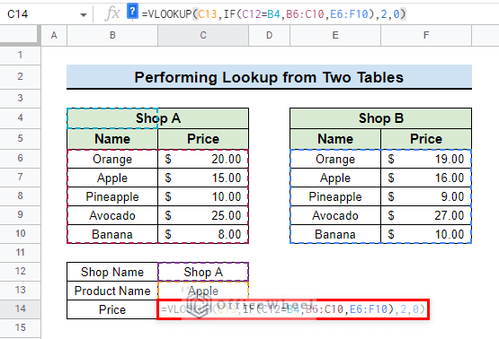 final formula to use vlookup with if function in google sheets