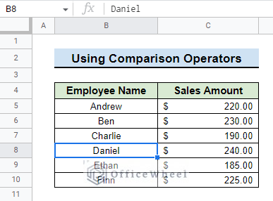 dataset for using comparison operators with vlookup and if functions in google sheets