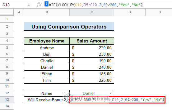 formula to use comparison operators with vlookup and if statement in google sheets