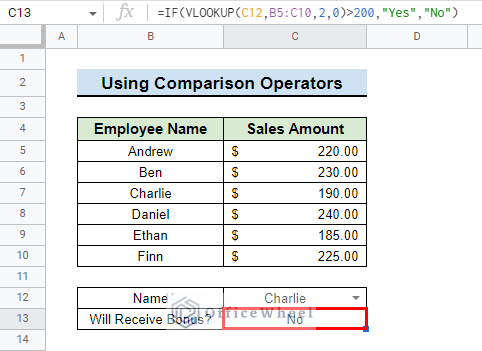 final result after using comparison operators with vlookup and if statement in google sheets