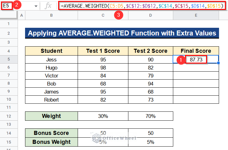 Applying AVERAGE.WEIGHTED Function with Extra Values as Weighted Average Formula in Google Sheets