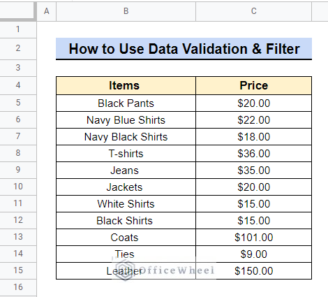 data validation and filter in google sheets
