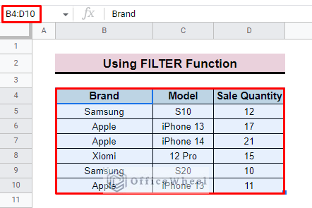 select data to filter