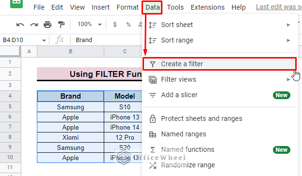 create filter in google sheets
