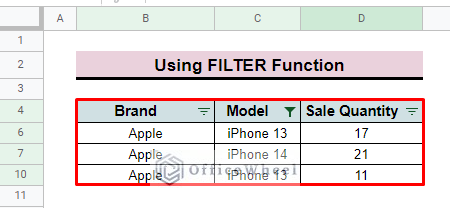 filtered data in google sheets