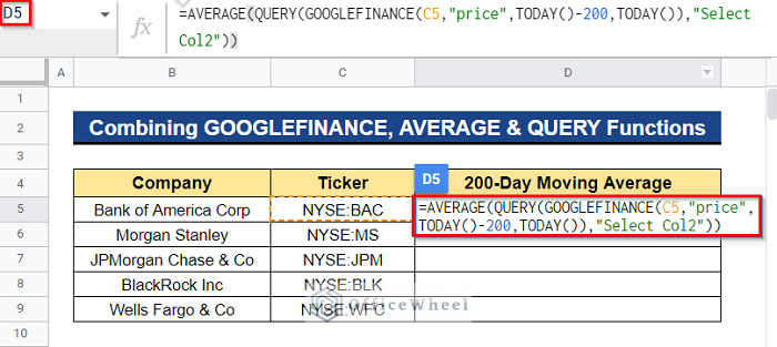 Combining GOOGLEFINANCE, AVERAGE and QUERY Functions to Find 200-Day Moving Average in Google Sheets