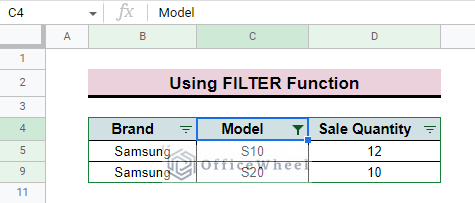 filtered value in google sheets