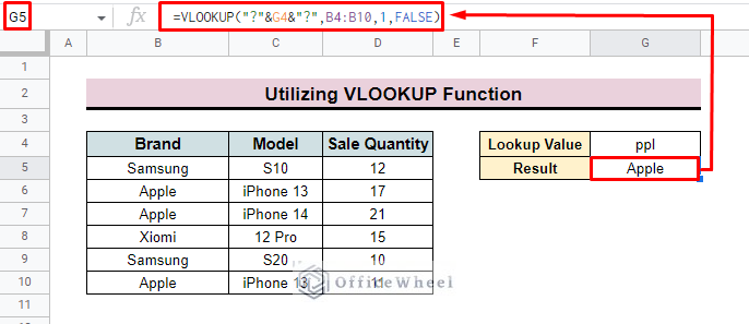 apply vlookup function with wildcard in google sheets