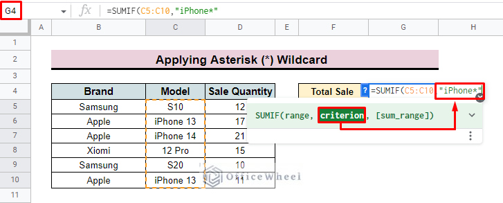 add criterion with wildcard in sumif function