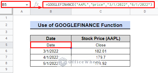 example of googlefinance function for moving average in google sheets 