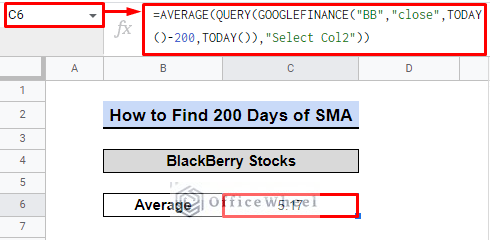 final output for 200 days sma in google sheets 