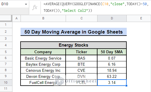 overview of 50 day moving average in google sheets