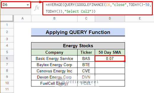 application of average, query and googlefinance function in google sheets