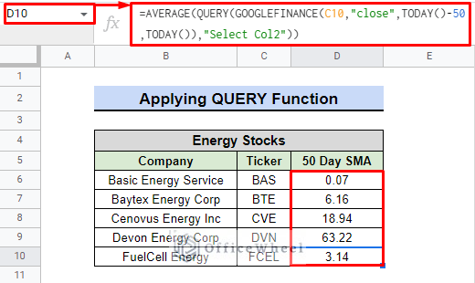 result from 50 day moving average in google sheets 