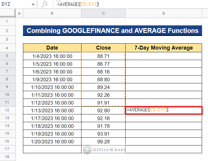 Using AVERAGE Function to Find 7-Day Moving Average in Google Sheets