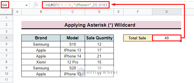 sumif function with wildcard in google sheets