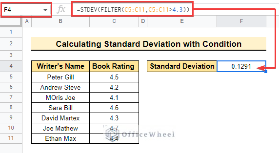 Calculating standard deviation in google sheets with FILTER function 