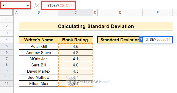 selecting range for how to calculate standard deviation in google sheets