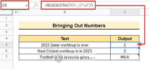Bringing out numbers to use REGEXEXTRACT function between two characters in Google sheets