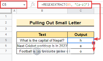 Pulling out small letter using REGEXEXTRACT function between two characters in Google sheet