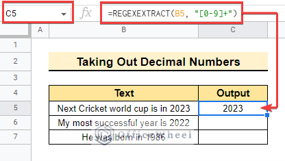 Taking out decimal numbers using REGEXEXTRACT function between two characters in Google sheet
