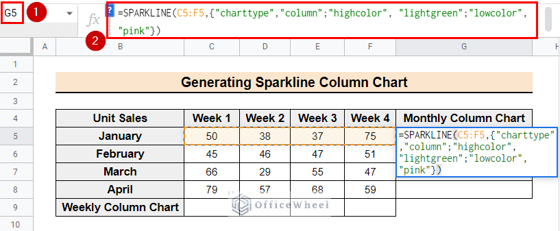 Entering the SPARKLINE formula to insert bar chart in the google sheets