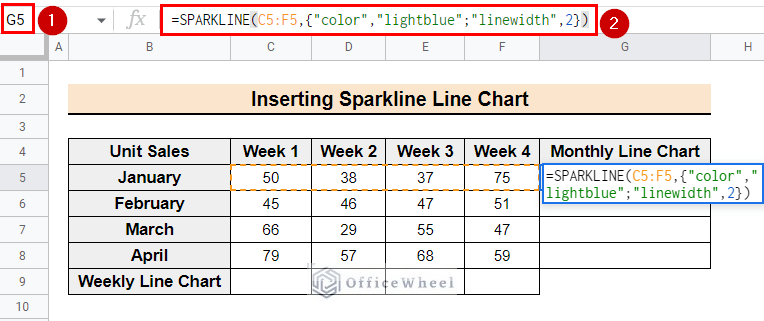 Using the SPARKLINE function to insert a sparkline line chart 