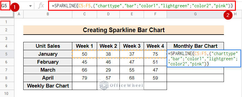 Inserting SPARKLINE formula to insert sparkline bar chart in google sheets